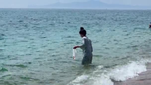 Young Girl Hunting Jellyfish Seashore Putting Them Plastic Bag — ストック動画