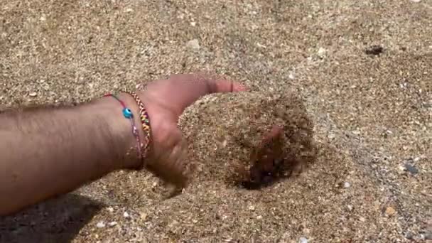 Male Hand Pouring Sand Beach — Stockvideo