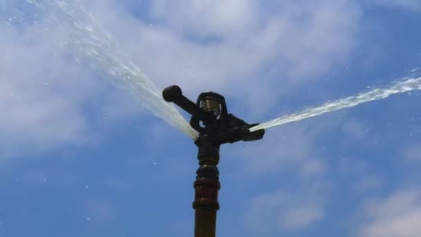 Automatic Sprinkler Spraying Water Blue Sky Background — Vídeos de Stock