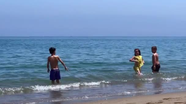 Group Kids Playing Together Seashore — Stock video