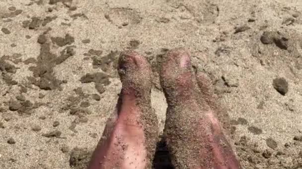 Closeup Male Feet Covered Sand Beach — стоковое видео