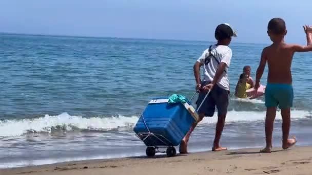 Young Kid Pushing Food Box Him Beach — Stock video