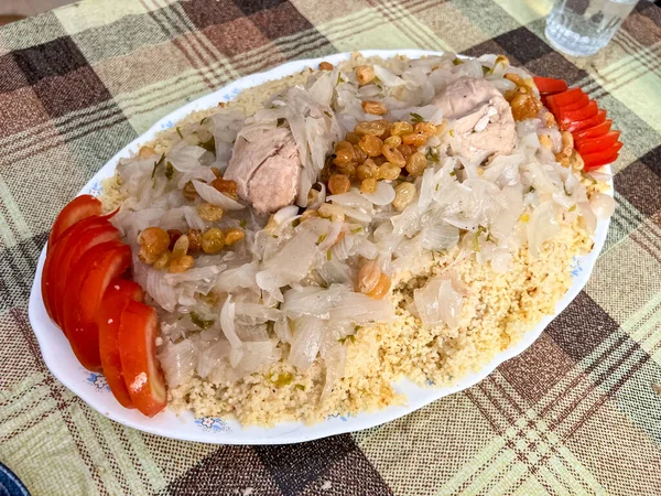 Moroccan Couscous Slices Onion Tomatoes Top — Stock Fotó