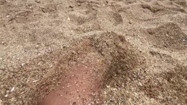 Closeup of male foot playing with the sand on the beach