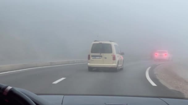 Car Driving Highway Foggy Day — Stockvideo