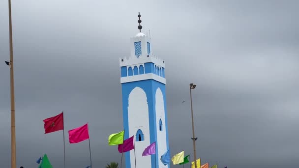 Mohamed Mosque Fnideq Different Flags Fluttering Nearby — Stockvideo