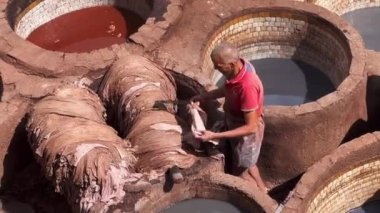 Eski şehir Fez 'deki Chouara tabakhanesinde çalışan adamlar.