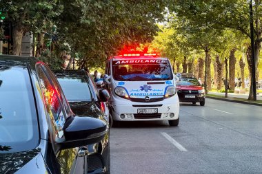 Ambulans aracı yol kenarına park etmiş, acil durum ışıkları yanıp sönüyor.
