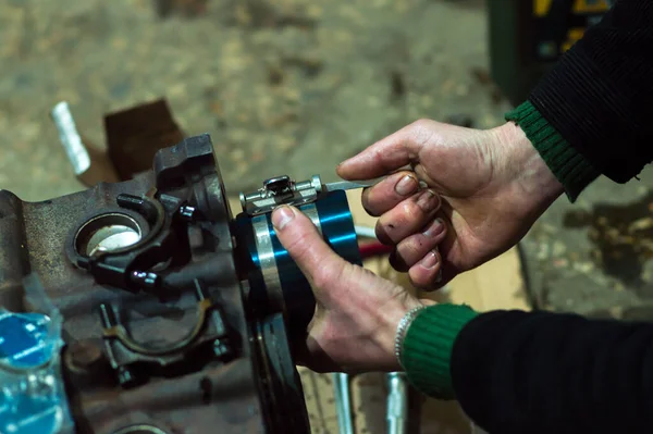 Montagem Motores Reparação Pistões Para Aumento Potência Motor Turbo — Fotografia de Stock