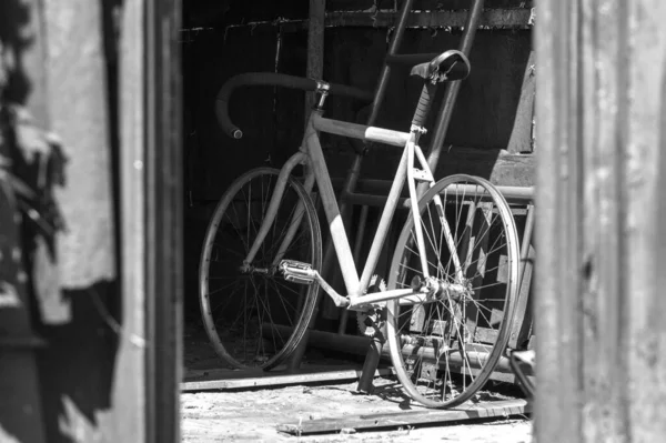 Old Sports Bike Repair Rubber Black White Photo — Stock Photo, Image