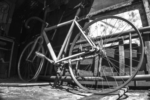 Old Sports Bike Repair Rubber Black White Photo — Stok fotoğraf