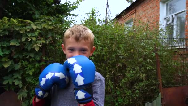 Boy Blue Gloves Boxing Kneading His Hands Yard — Stock Video
