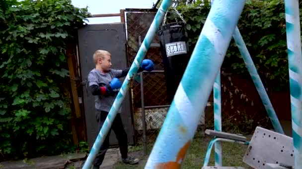 Boy Punches Punching Bag Blue Gloves Yard — Wideo stockowe