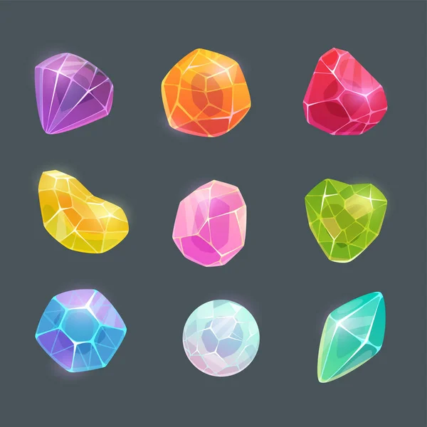 Multicolor cartoon bright crystals, shiny gems set — Archivo Imágenes Vectoriales