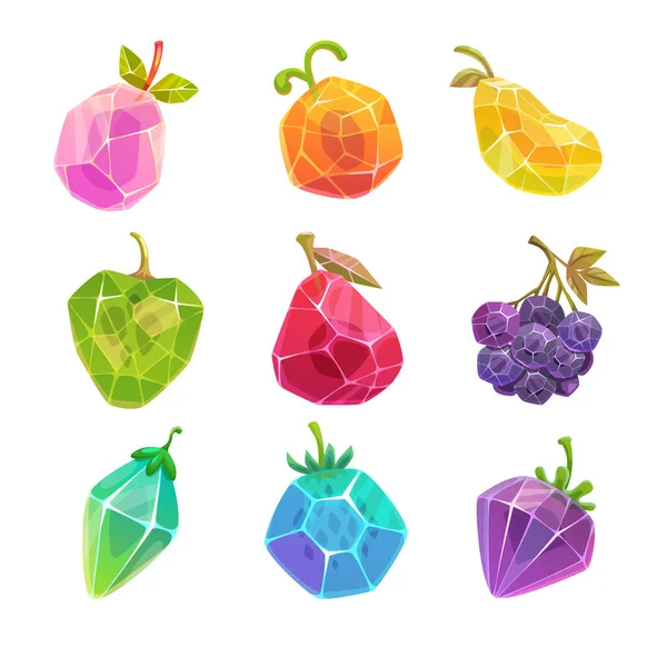 Ensemble de baies de cristal de bande dessinée, icônes de fruits magiques — Image vectorielle