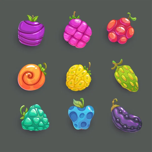 Funny cartoon colorful fantasy fruits and berries —  Vetores de Stock