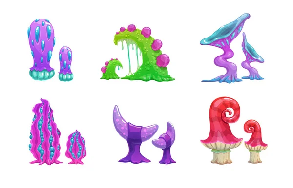Cartoon alien plants set. Fantasy mushrooms icons — ストックベクタ