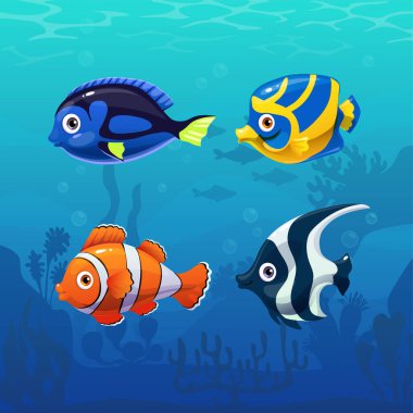 Tropik balık seti. Şirin balık simgeleri.