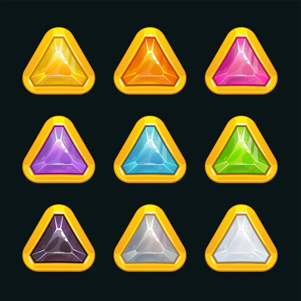 用于游戏设计的彩色水晶资产 Shiny Gemstone Gui元素 卡通片镶嵌在金框中 红宝石 灿烂的纽扣 幻想护身符 矢量图标 — 图库矢量图片