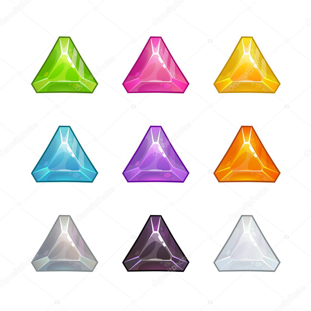 Multicolored crystal assets for game design. Shiny gemstone GUI kit. Cartoon gems collection. Colorful facet jewels set. Ruby, emerald, diamond, brilliant items on white background.