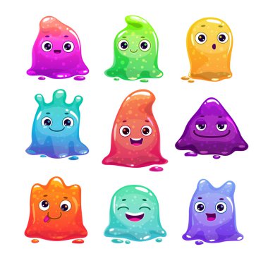 Küçük sevimli karikatür renkli glitter slime karakter seti. Jöle emoji seti. Vektör komik sümüklü yabancılar çıkartmalar.