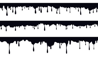 Siyah sıvı damlalar, pürüzsüz boya damlaları, mürekkep, çamur, beyaz arka planda kan. Sıvı damlalarından oluşan siluetleri olan üst pankart.