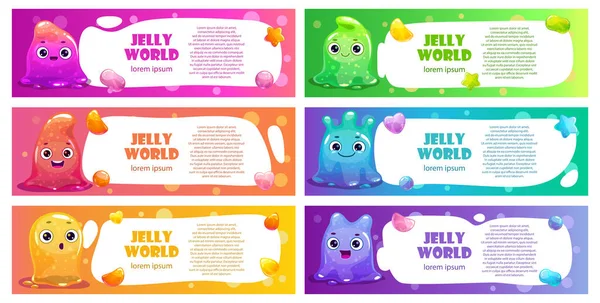 Set Long Horizontal Banners Colorful Glittery Slime Characters Candies Place — Stock Vector