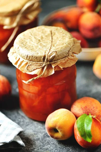 Homemade organic peach jam in a jar.