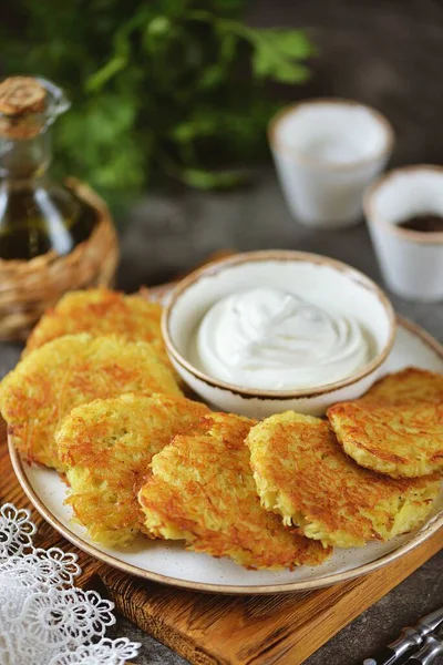 Potato Pancakes Sour Cream Fried Pan Olive Oil — Stockfoto