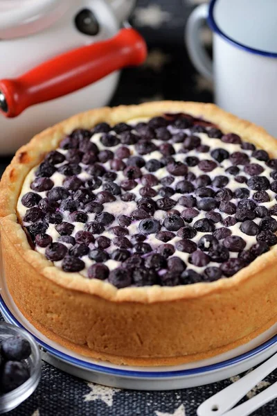 Hausgemachter Blaubeerkäsekuchen Mit Quark Und Saurer Sahne — Stockfoto