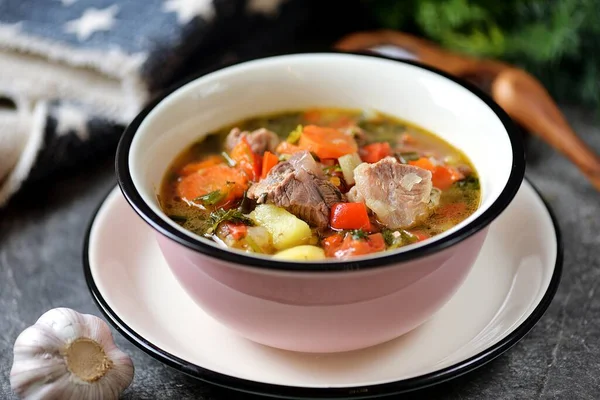 Thick Soup Beef Potatoes Tomatoes Bell Peppers — Stock Photo, Image