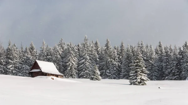 Una Casa Madera Paisaje Invierno Claro Montaña Beskids Polonia — Foto de Stock