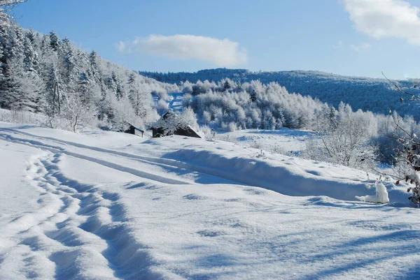 Paisaje Montañoso Invernal Día Soleado Con Cielo Azul Beskids Polonia — Foto de Stock