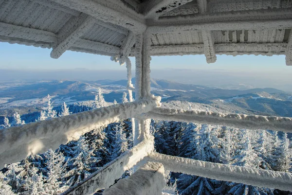 Paisaje Montañoso Invierno Visto Desde Torre Observación Beskids Polonia — Foto de Stock