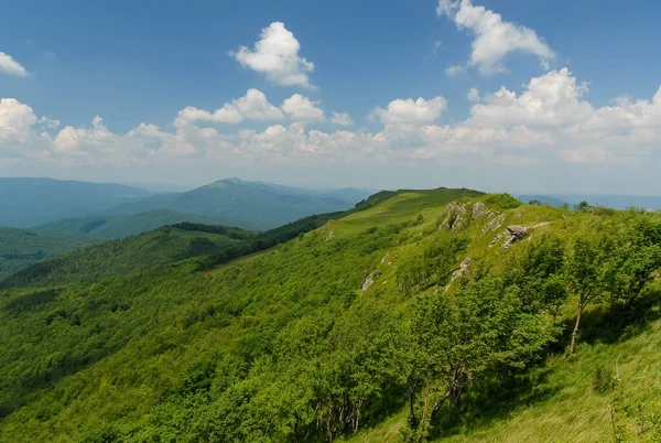 Güneşli bir yaz gününde, yeşil dağ tepeleri mavi gökyüzüne karşı Bieszczady Dağları, Polonya