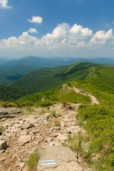 Sıcak bir yaz gününde yeşil tepelerin arasında dağ yolu, Bieszczady Dağları, Polonya