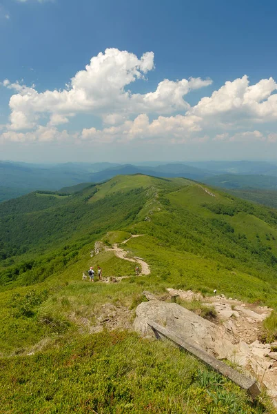 Sıcak bir yaz gününde yeşil tepelerin arasında dağ yolu, Bieszczady Dağları, Polonya