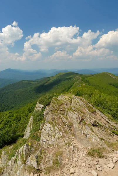 Sıcak bir yaz gününde yeşil tepelerin arasında dağ yolu, Bieszczady Dağları, Polonya