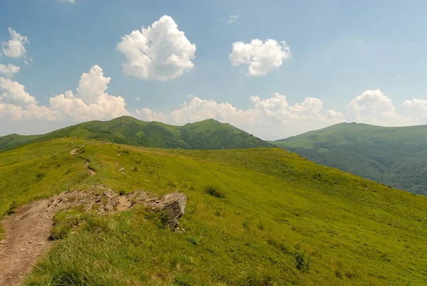 Groene Berg Heuvels Tegen Een Blauwe Lucht Een Zonnige Zomerdag — Stockfoto