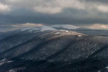 Dağlarda karla kaplı bir orman bulutlu bir günde, Bieszczady Dağları, Polonya