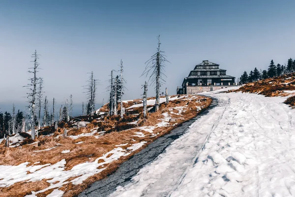 Güneşli Bir Kış Gününde Tahta Dağ Sığınağı Dev Dağlar Polonya — Stok fotoğraf