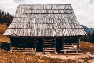 Polonya 'nın Tatra Dağları' ndaki bir dağ açıklığında geleneksel bir ahşap kulübe.