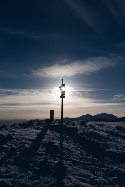 Signpost Mountain Peak Winter Scenery Tatra Mountains Poland — Stock Photo, Image