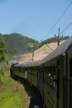 Polonya - Haziran 2010: Güneşli bir günde geleneksel Buhar Treni Dağ manzarasının içinden geçiyor