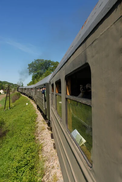 Pologne Juin 2010 Train Vapeur Traditionnel Conduire Travers Paysage Montagneux — Photo