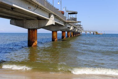 Miedzyzdroje, Baltık Denizi, Polonya - Haziran 2018: Güneşli bir yaz gününde rıhtım manzarası