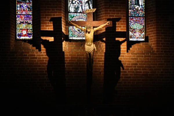 Sandomierz Poland January 2022 Cross Jesus Christ Stained Glass Windows — Stock Photo, Image