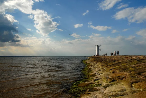 Swinoujcie Poland June 2021 Stone Breakwater Lighthouse Sunset —  Fotos de Stock