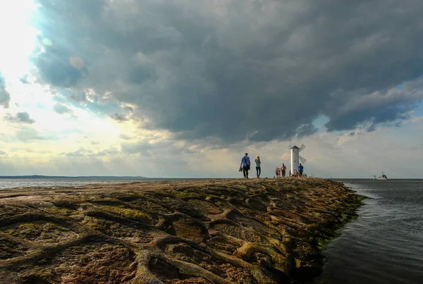 Swinoujcie Poland June 2021 Stone Breakwater Lighthouse Sunset —  Fotos de Stock
