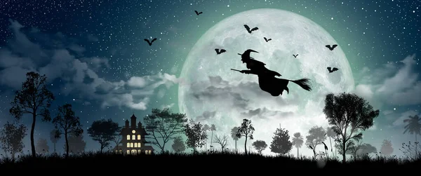 Silueta Halloween Bruja Volando Sobre Luna Llena Casa Embrujada Murciélagos —  Fotos de Stock